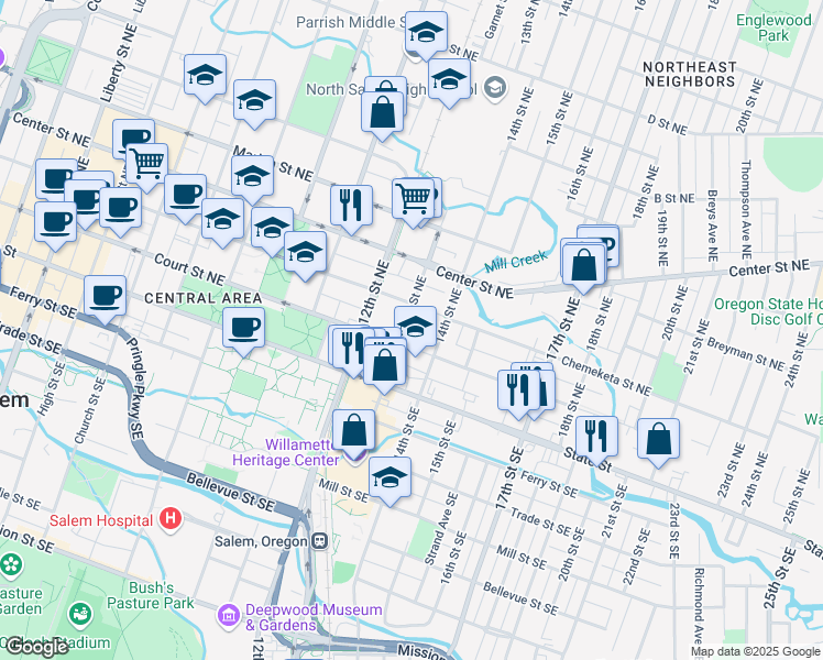 map of restaurants, bars, coffee shops, grocery stores, and more near 1340 Chemeketa Street Northeast in Salem