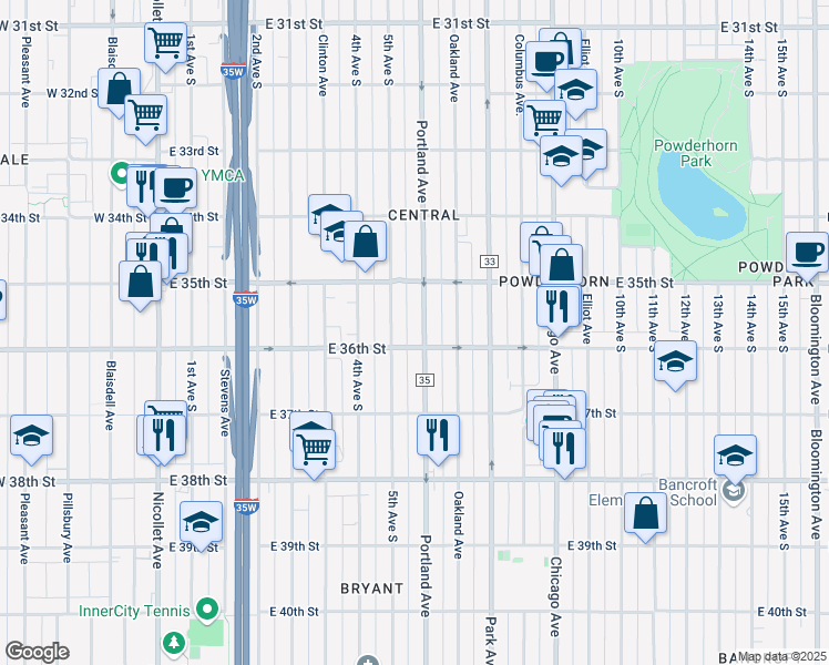 map of restaurants, bars, coffee shops, grocery stores, and more near 3544 Portland Avenue in Minneapolis