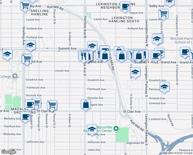 map of restaurants, bars, coffee shops, grocery stores, and more near 1282 Lincoln Avenue in Saint Paul