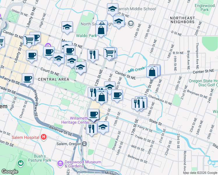 map of restaurants, bars, coffee shops, grocery stores, and more near 1340 Chemeketa Street Northeast in Salem