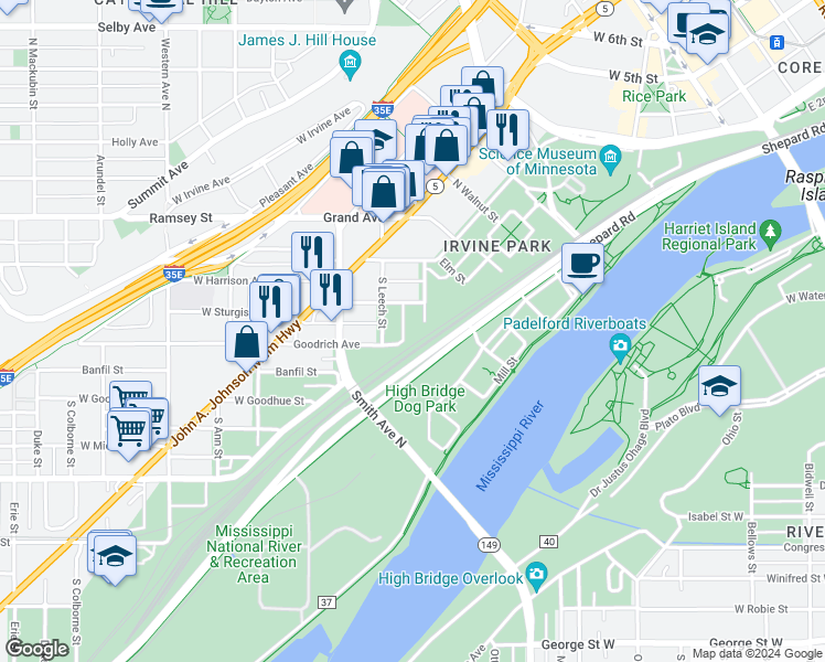 map of restaurants, bars, coffee shops, grocery stores, and more near 95 Wilkin Street in Saint Paul