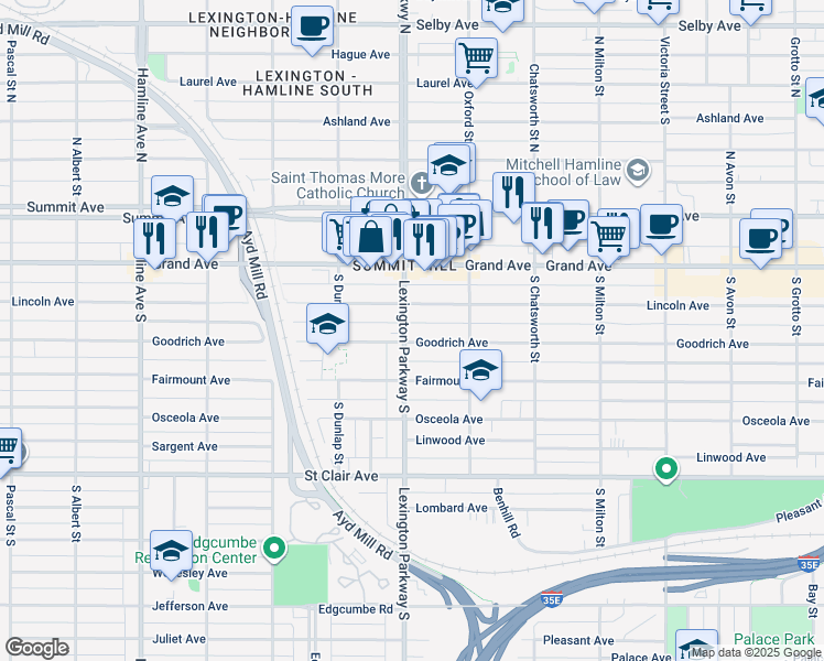 map of restaurants, bars, coffee shops, grocery stores, and more near 95 Lexington Parkway South in Saint Paul
