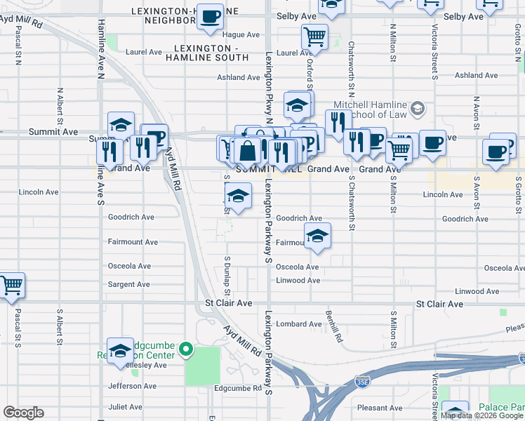 map of restaurants, bars, coffee shops, grocery stores, and more near 95 Lexington Parkway South in Saint Paul