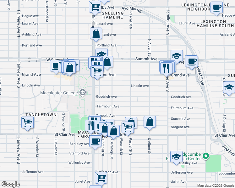map of restaurants, bars, coffee shops, grocery stores, and more near 1498 Lincoln Avenue in Saint Paul