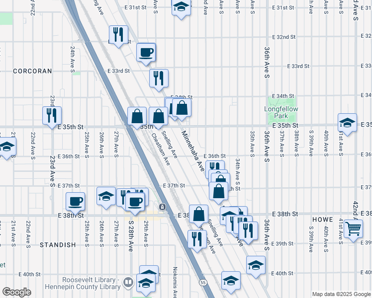 map of restaurants, bars, coffee shops, grocery stores, and more near 3528 Minnehaha Avenue in Minneapolis