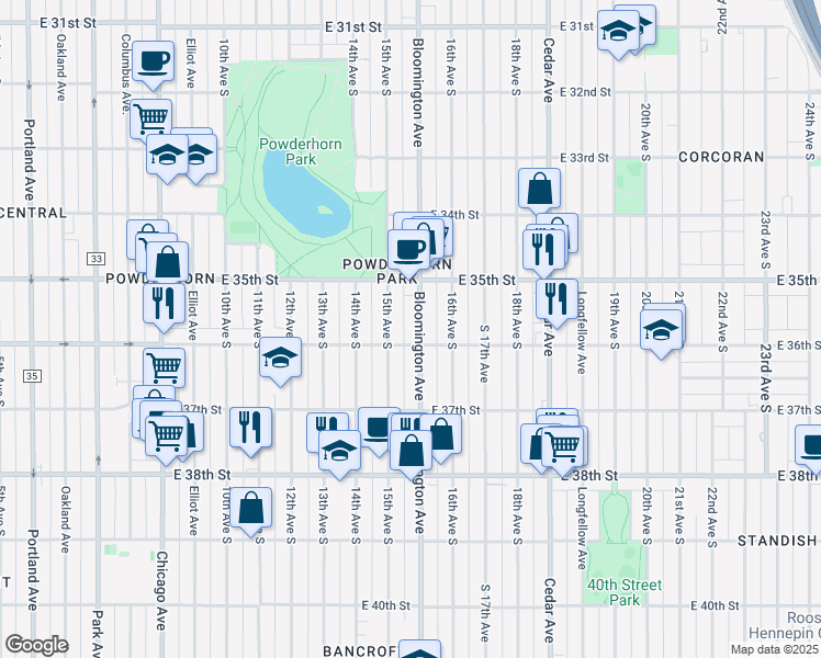 map of restaurants, bars, coffee shops, grocery stores, and more near 3521 South 15th Avenue in Minneapolis