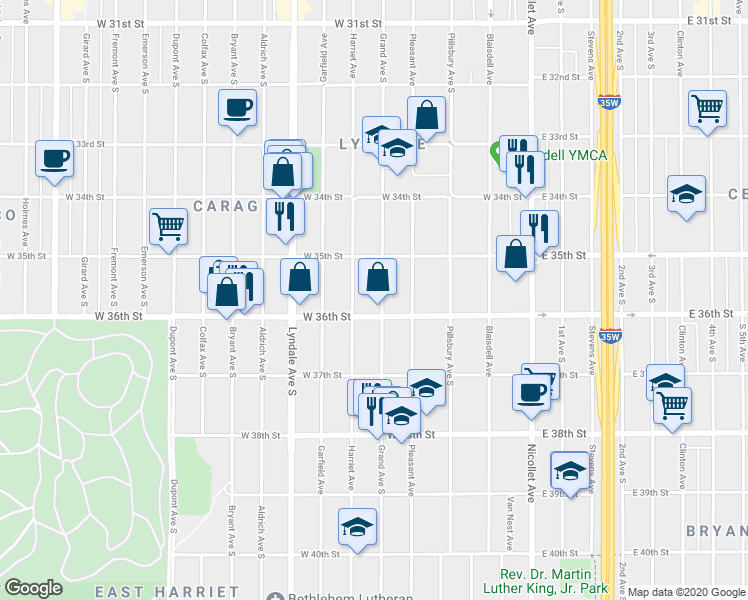 map of restaurants, bars, coffee shops, grocery stores, and more near 3526 Grand Avenue South in Minneapolis