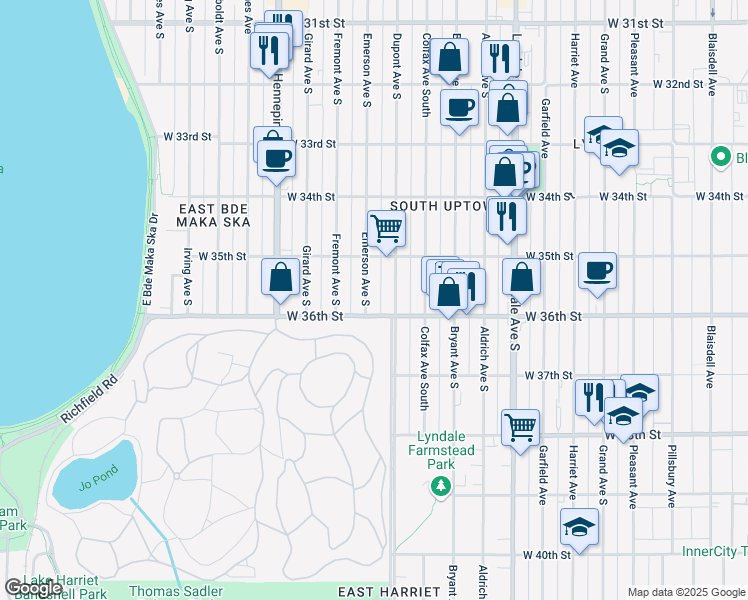 map of restaurants, bars, coffee shops, grocery stores, and more near 3529 Emerson Avenue South in Minneapolis