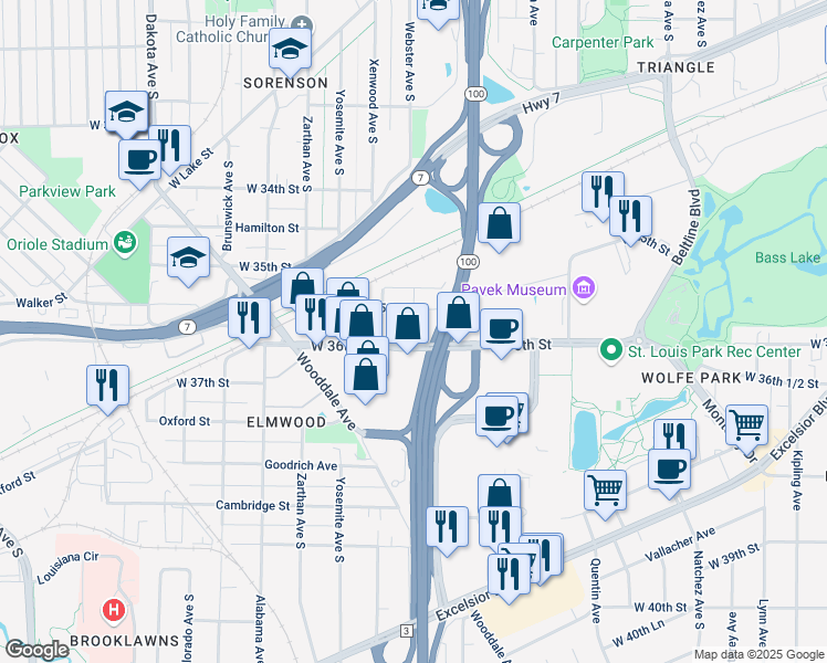 map of restaurants, bars, coffee shops, grocery stores, and more near 5690 West 36th Street in St. Louis Park