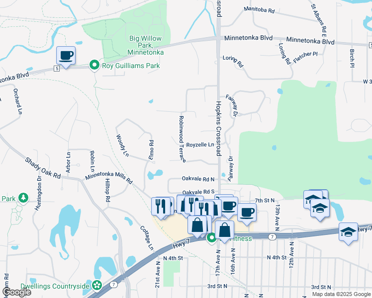 map of restaurants, bars, coffee shops, grocery stores, and more near 3540 Robinwood Terrace in Hopkins