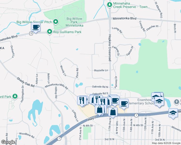 map of restaurants, bars, coffee shops, grocery stores, and more near 3540 Robinwood Terrace in Hopkins
