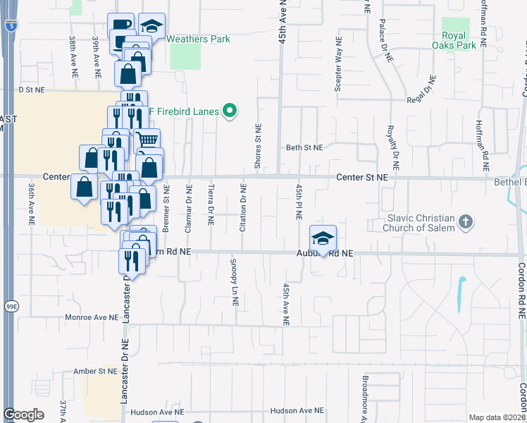 map of restaurants, bars, coffee shops, grocery stores, and more near 602 Fanny Court Northeast in Salem