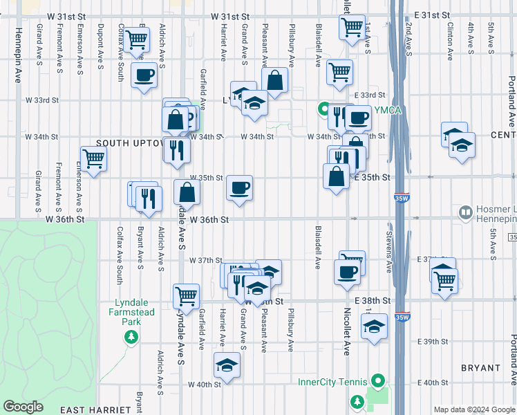 map of restaurants, bars, coffee shops, grocery stores, and more near 3530 Pleasant Avenue in Minneapolis