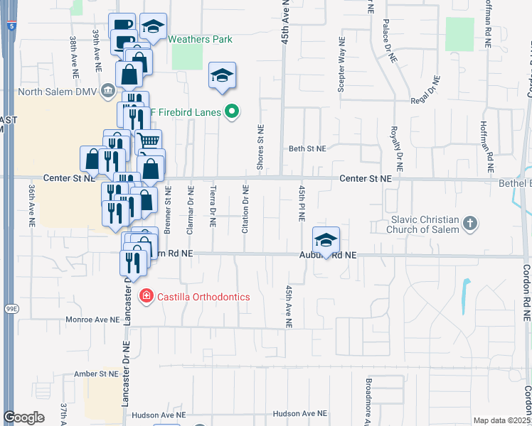 map of restaurants, bars, coffee shops, grocery stores, and more near 602 Fanny Court Northeast in Salem