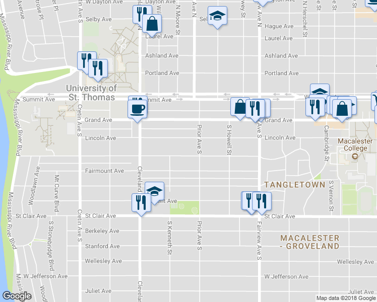 map of restaurants, bars, coffee shops, grocery stores, and more near 1961 Goodrich Avenue in Saint Paul
