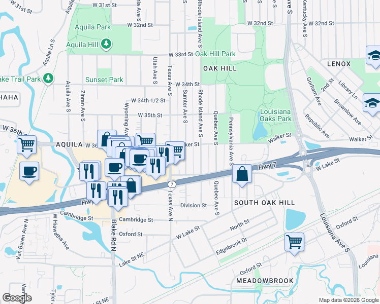 map of restaurants, bars, coffee shops, grocery stores, and more near 3601 Sumter Avenue South in Minneapolis