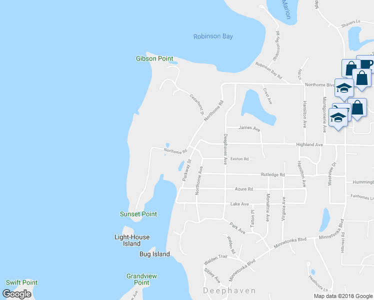 map of restaurants, bars, coffee shops, grocery stores, and more near Northome Road in Wayzata