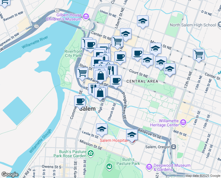 map of restaurants, bars, coffee shops, grocery stores, and more near 500-554 Ferry St SE in Salem