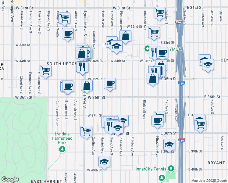 map of restaurants, bars, coffee shops, grocery stores, and more near 3535 Grand Avenue South in Minneapolis