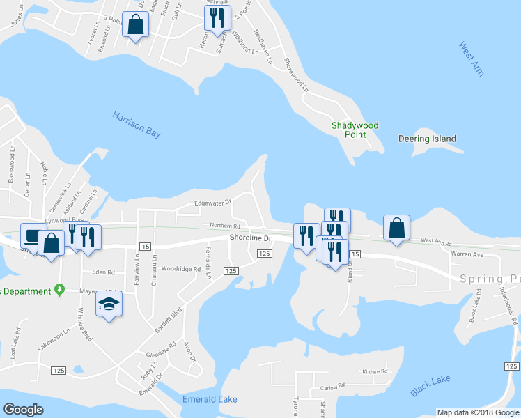 map of restaurants, bars, coffee shops, grocery stores, and more near 4860 Edgewater Drive in Mound