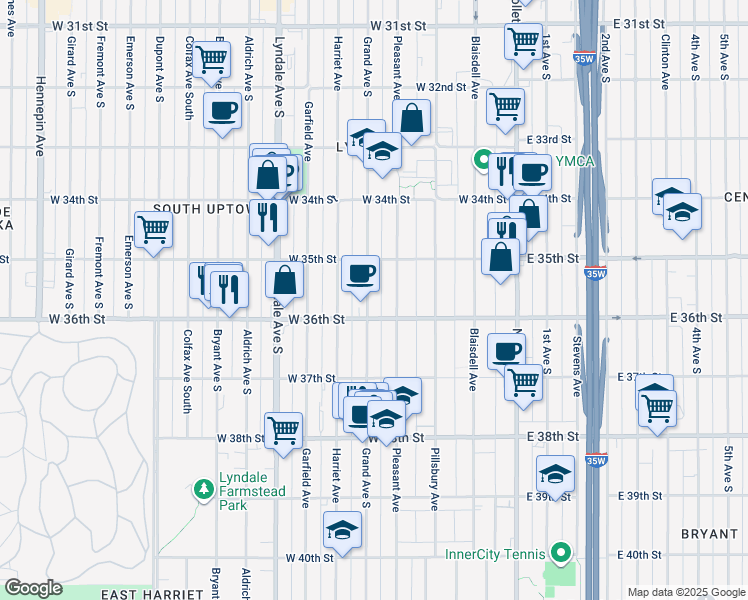 map of restaurants, bars, coffee shops, grocery stores, and more near 3535 Grand Avenue South in Minneapolis