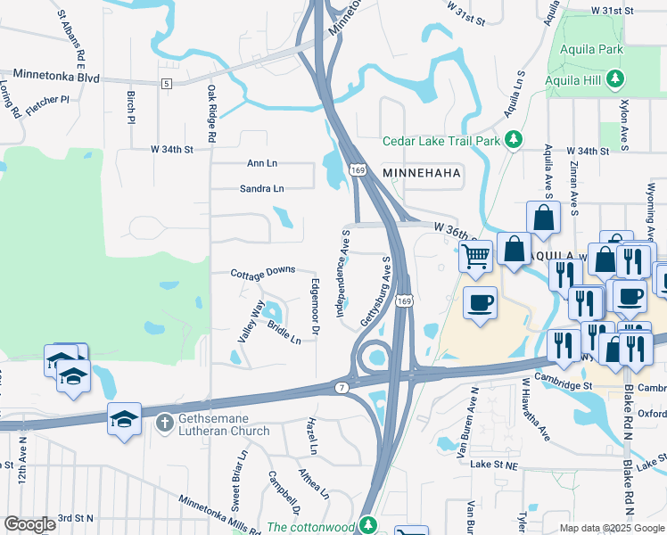 map of restaurants, bars, coffee shops, grocery stores, and more near 105 Cottage Downs in Hopkins
