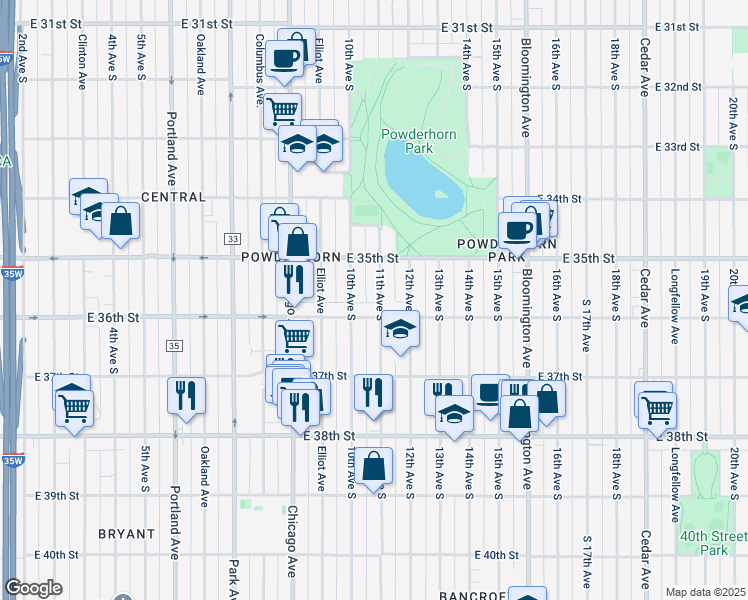 map of restaurants, bars, coffee shops, grocery stores, and more near 3540 11th Avenue South in Minneapolis