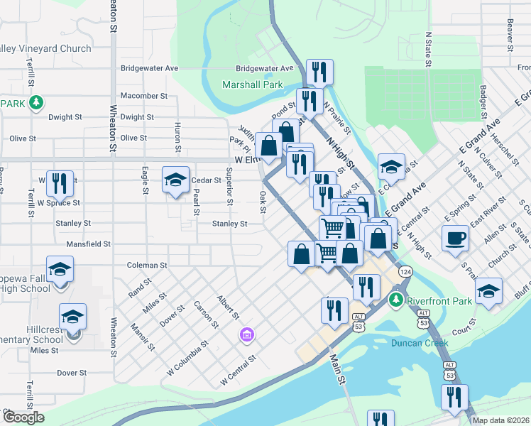 map of restaurants, bars, coffee shops, grocery stores, and more near 624 Bay Street in Chippewa Falls