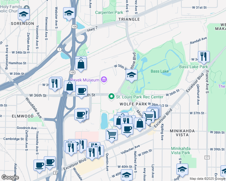 map of restaurants, bars, coffee shops, grocery stores, and more near 5000 West 36th Street in St. Louis Park