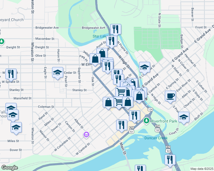 map of restaurants, bars, coffee shops, grocery stores, and more near 25 West Birch Street in Chippewa Falls