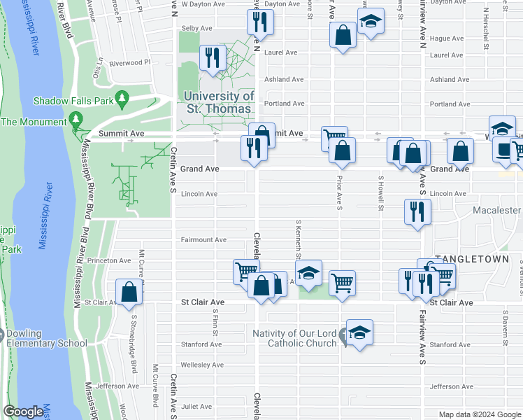 map of restaurants, bars, coffee shops, grocery stores, and more near 103 South Cleveland Avenue in Saint Paul