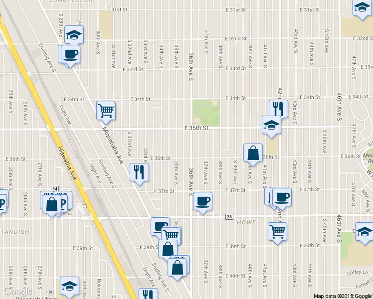 map of restaurants, bars, coffee shops, grocery stores, and more near 3536 36th Avenue South in Minneapolis