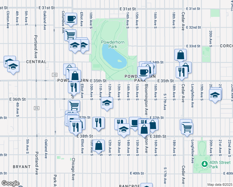 map of restaurants, bars, coffee shops, grocery stores, and more near 3528 13th Avenue South in Minneapolis