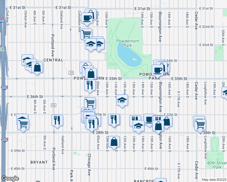 map of restaurants, bars, coffee shops, grocery stores, and more near 3531 10th Avenue South in Minneapolis