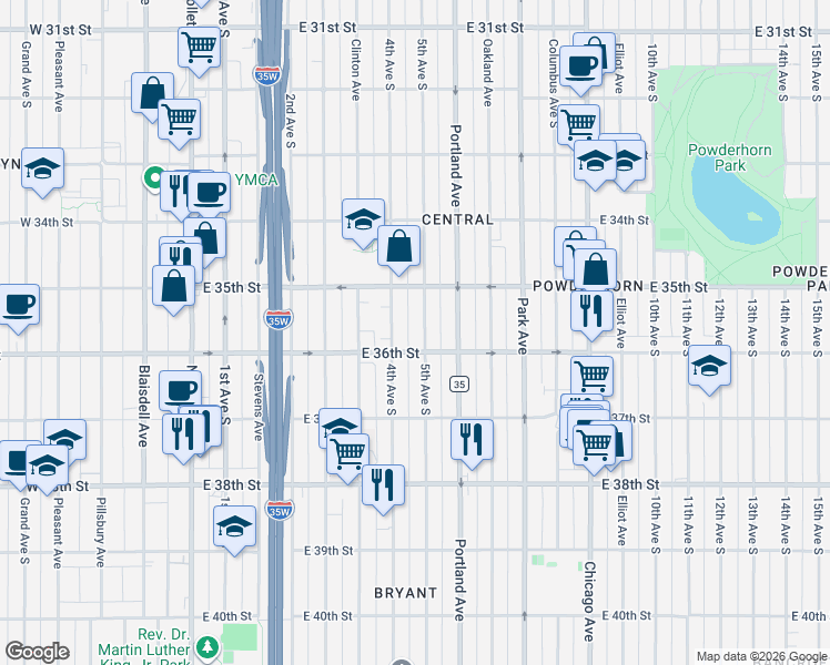 map of restaurants, bars, coffee shops, grocery stores, and more near 3533 4th Avenue South in Minneapolis