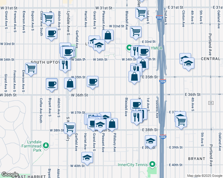 map of restaurants, bars, coffee shops, grocery stores, and more near 3532 Pillsbury Avenue in Minneapolis