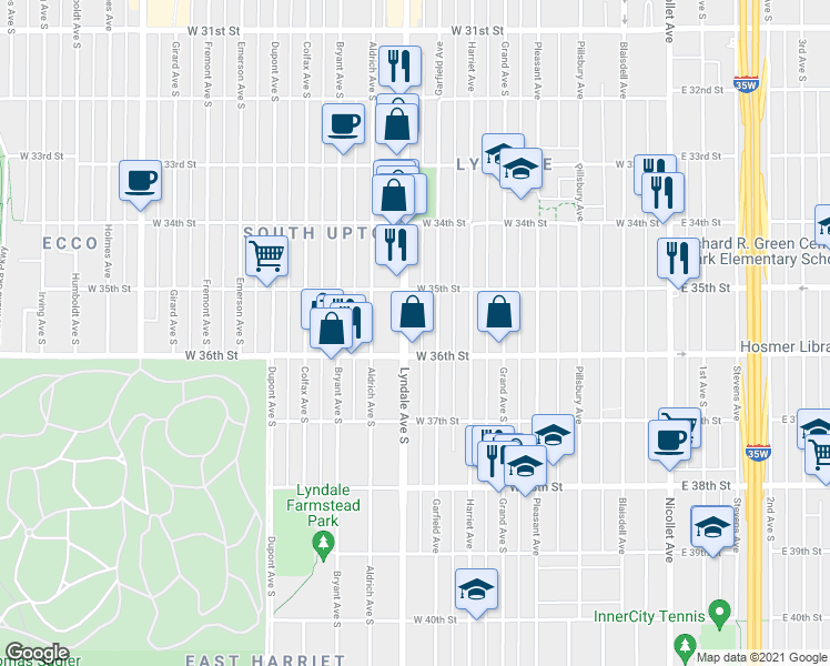 map of restaurants, bars, coffee shops, grocery stores, and more near 3527 Lyndale Avenue South in Minneapolis