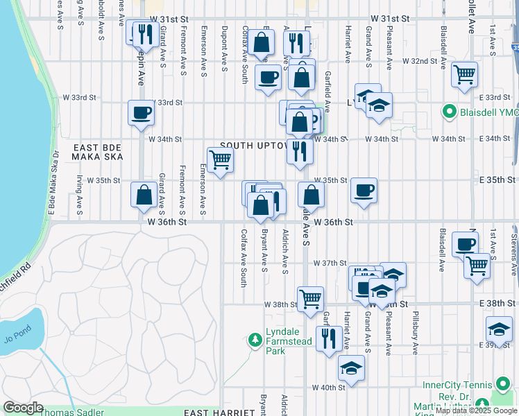 map of restaurants, bars, coffee shops, grocery stores, and more near 3532 Bryant Avenue South in Minneapolis
