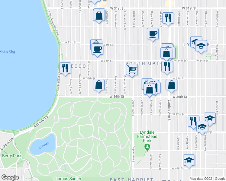 map of restaurants, bars, coffee shops, grocery stores, and more near 3533 Fremont Avenue South in Minneapolis
