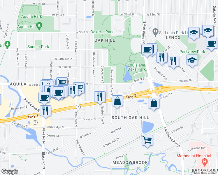 map of restaurants, bars, coffee shops, grocery stores, and more near 3601 Quebec Avenue South in Minneapolis