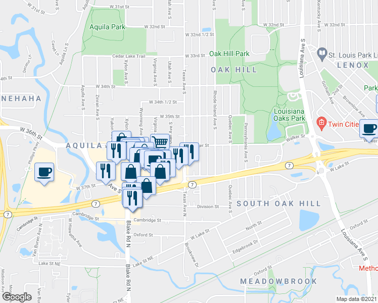 map of restaurants, bars, coffee shops, grocery stores, and more near 3544 Texas Avenue South in Minneapolis