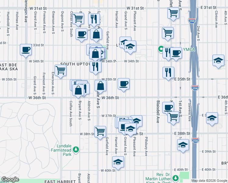 map of restaurants, bars, coffee shops, grocery stores, and more near 3527 Garfield Avenue in Minneapolis