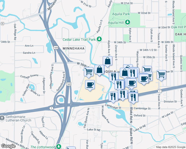 map of restaurants, bars, coffee shops, grocery stores, and more near 8951 West 36th Street in Minneapolis