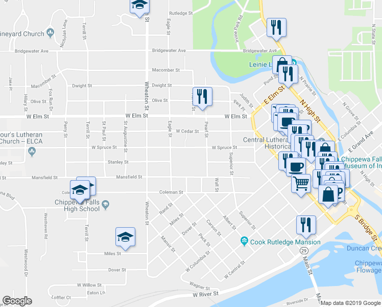 map of restaurants, bars, coffee shops, grocery stores, and more near 429 West Spruce Street in Chippewa Falls