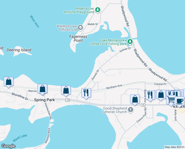 map of restaurants, bars, coffee shops, grocery stores, and more near 3980 Sunset Drive in Spring Park