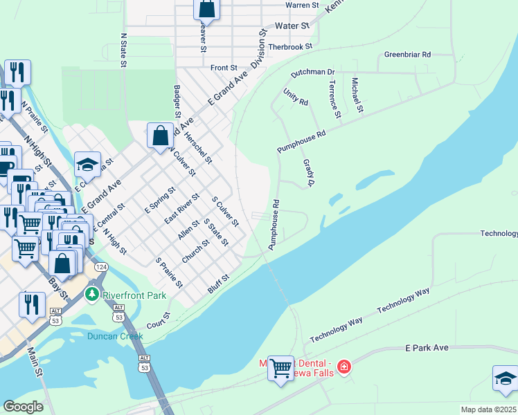 map of restaurants, bars, coffee shops, grocery stores, and more near 236 Pumphouse Road in Chippewa Falls