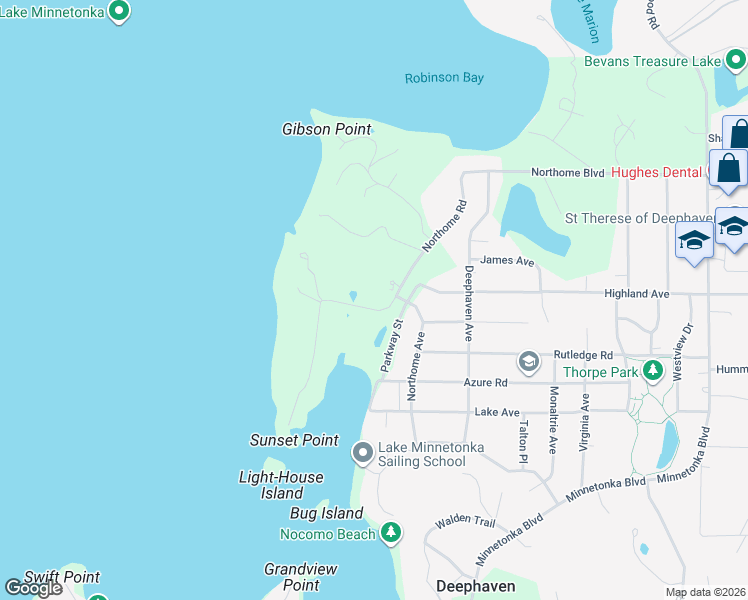 map of restaurants, bars, coffee shops, grocery stores, and more near 3594 Northome Road in Wayzata
