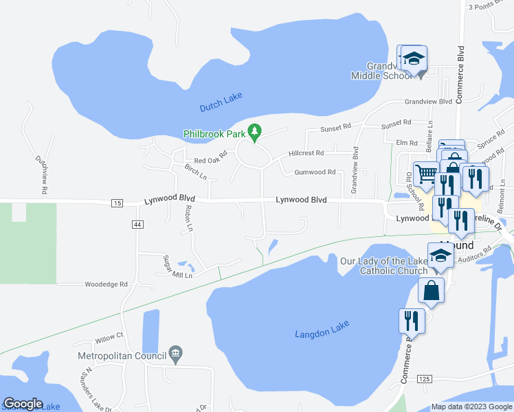 map of restaurants, bars, coffee shops, grocery stores, and more near 6101 Lynwood Boulevard in Mound