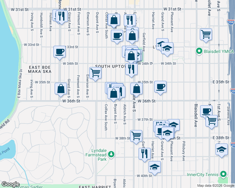 map of restaurants, bars, coffee shops, grocery stores, and more near 3535 Bryant Avenue South in Minneapolis