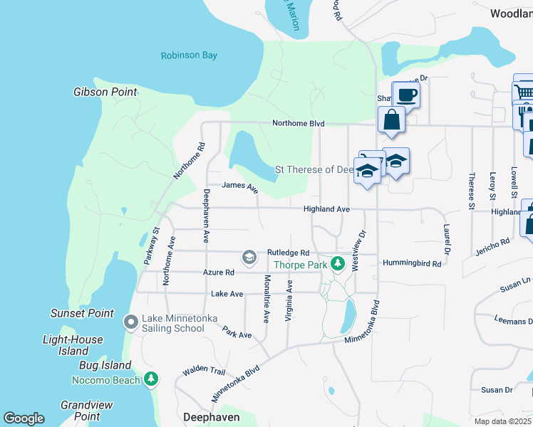 map of restaurants, bars, coffee shops, grocery stores, and more near 3605 James Avenue in Wayzata